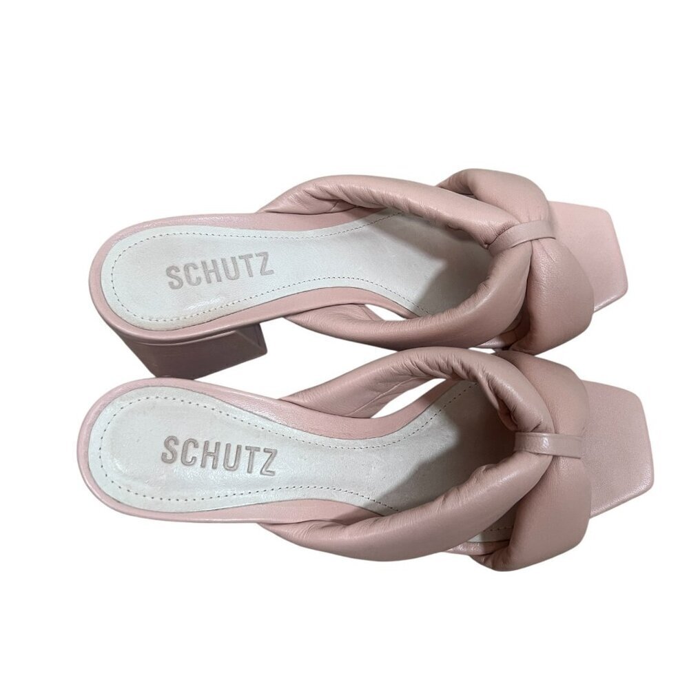 Schutz Fairy Puffy Mule High Heel Leather Sandal Size 6.5 B Pink Open Toe - Picture 2 of 8